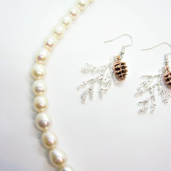 Natural Pearl Necklace and Woodland Earrings Set Wedding Jewelry for Bride - Picture 8 of 12